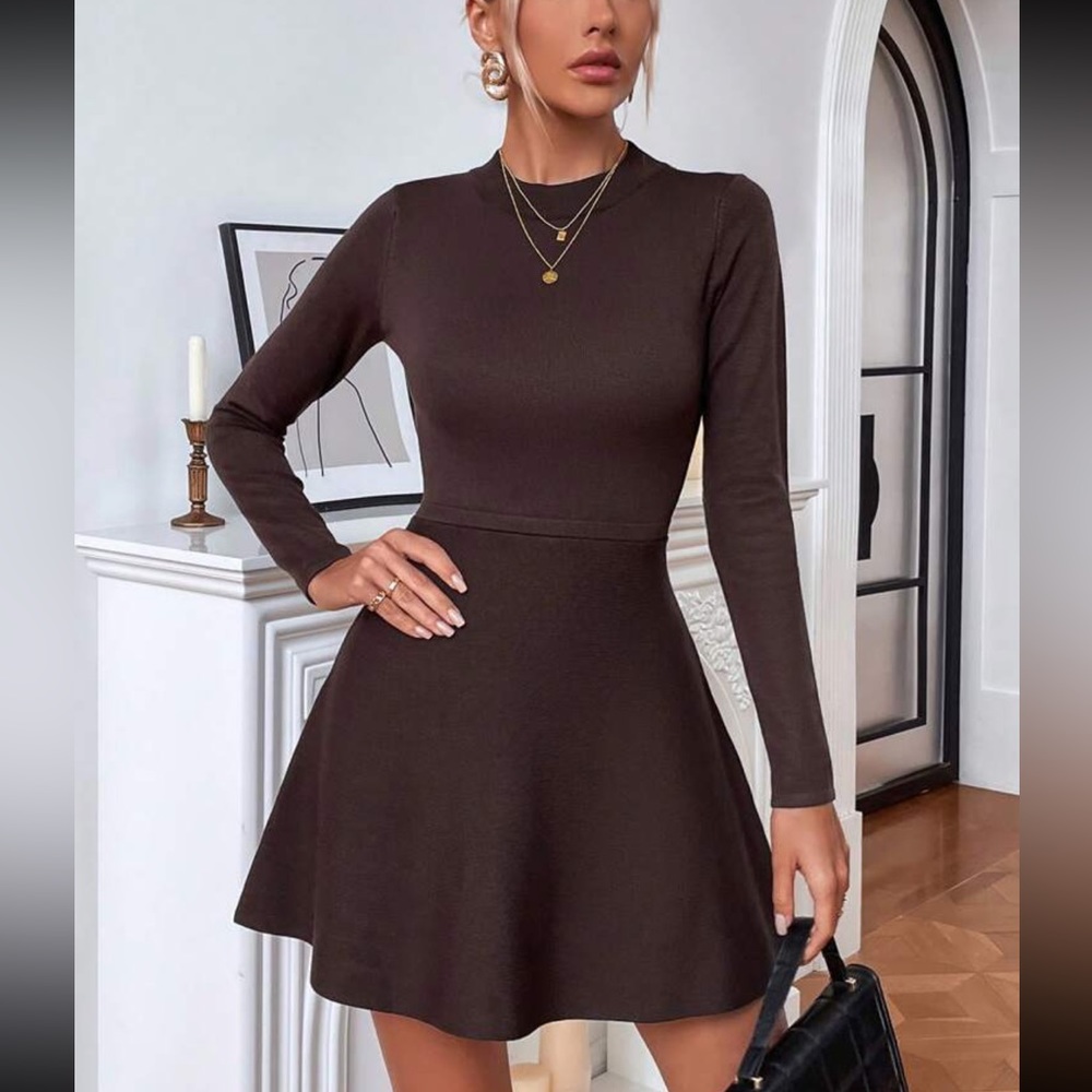 Red knit sweater skater mini dress - long sleeves - Picture 13 of 14